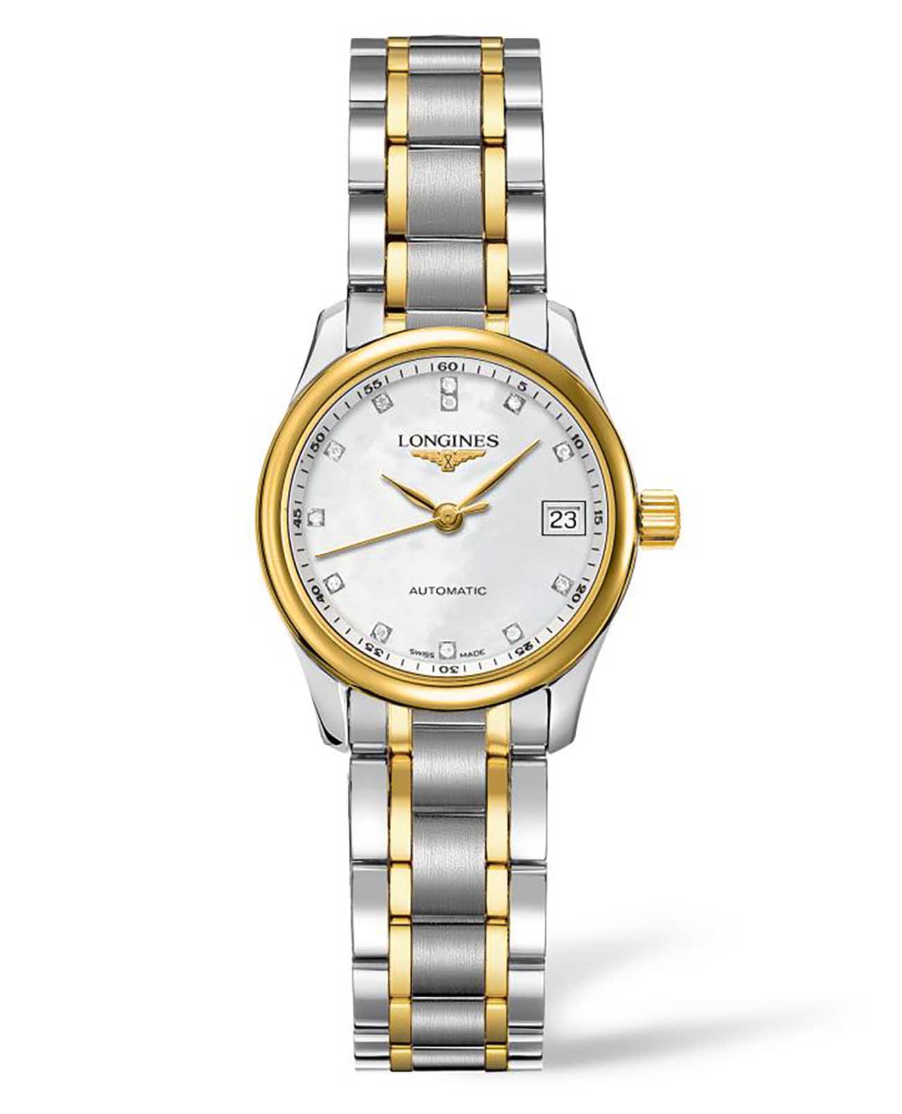 Longines Longines Master Collection L2.128.5.87.7  L21285877 механические женские часы серебристый циферблат, браслет нержавеющая сталь + золото 18к — вид спереди